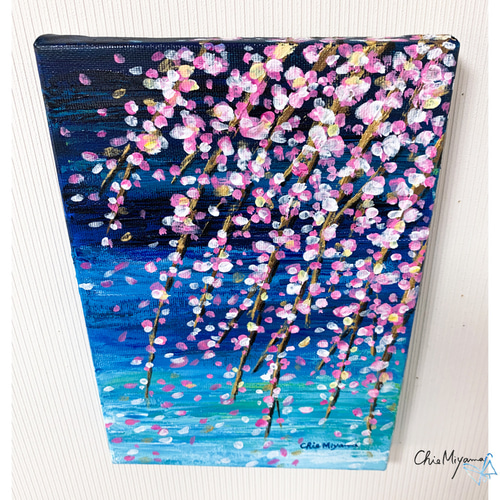 受注制作】原画 抽象画 枝垂れ桜 花吹雪 ブルー 青 おしゃれ