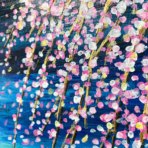 受注制作】原画 抽象画 枝垂れ桜 花吹雪 ブルー 青 おしゃれ