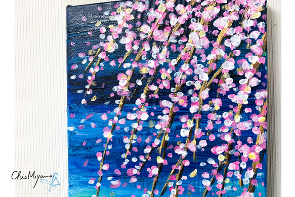 【受注制作】原画 抽象画 枝垂れ桜　花吹雪　ブルー 青　おしゃれ モダンアート 現代アート SMサイズ 4枚目の画像