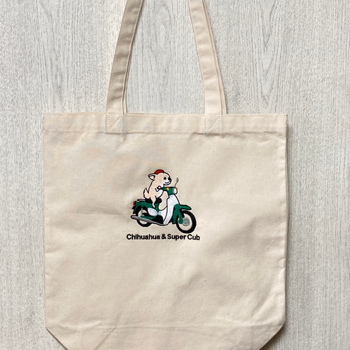 チワワとスーパーカブイラスト刺繍入りトートバッグ トート