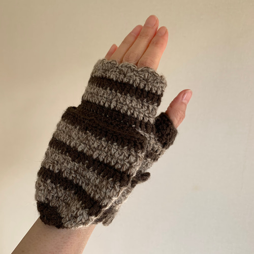 handmade♡指なしミトン 手編みニット手袋 指なしミトン型 指カバー付 2WAY手袋 ブラウン