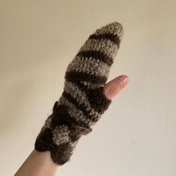 手編みニット手袋　指なしミトン型　指カバー付　2WAY手袋　ブラウンボーダー 5枚目の画像