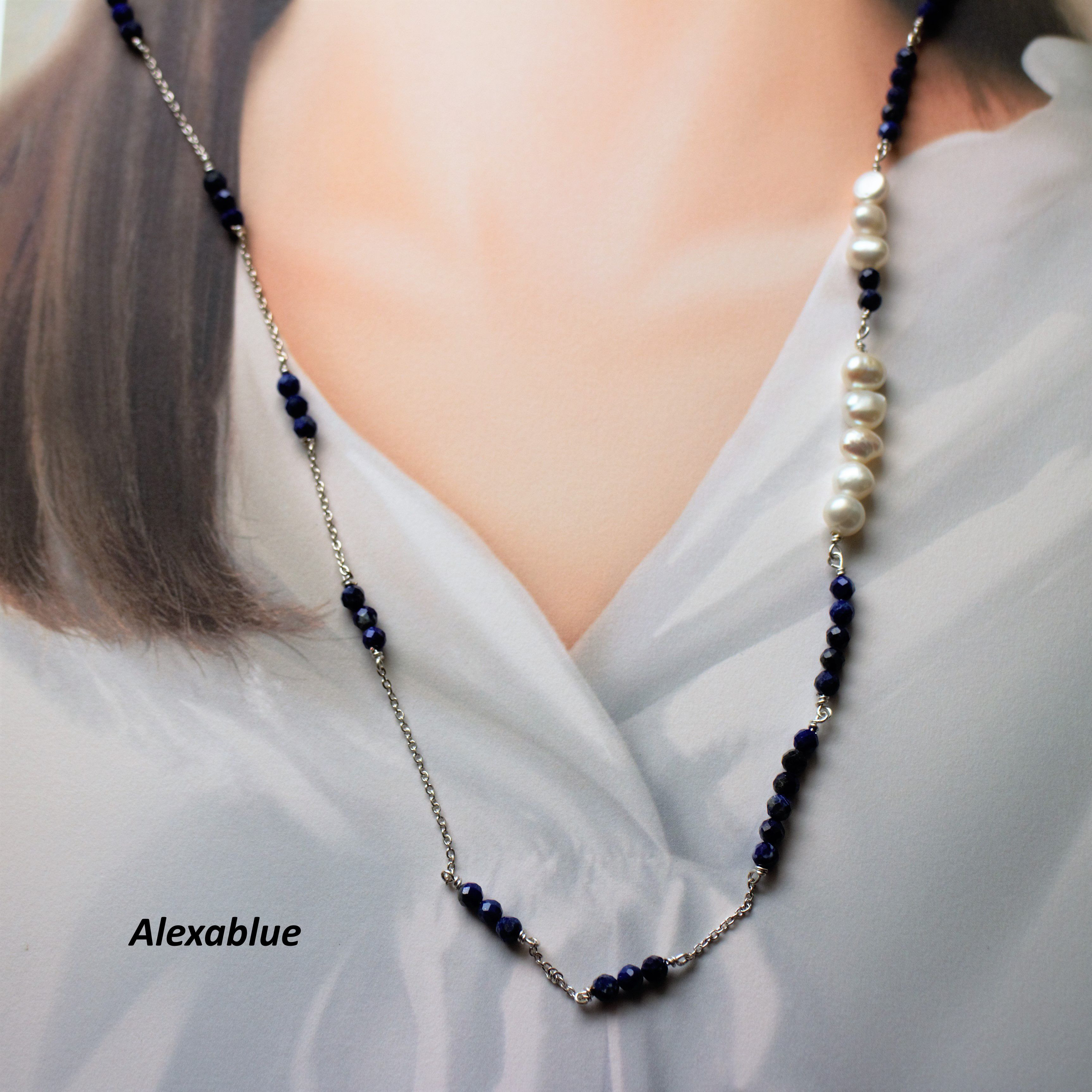 ラピスラズリ淡水パール ロングネックレス S925ネックレス　12月誕生石