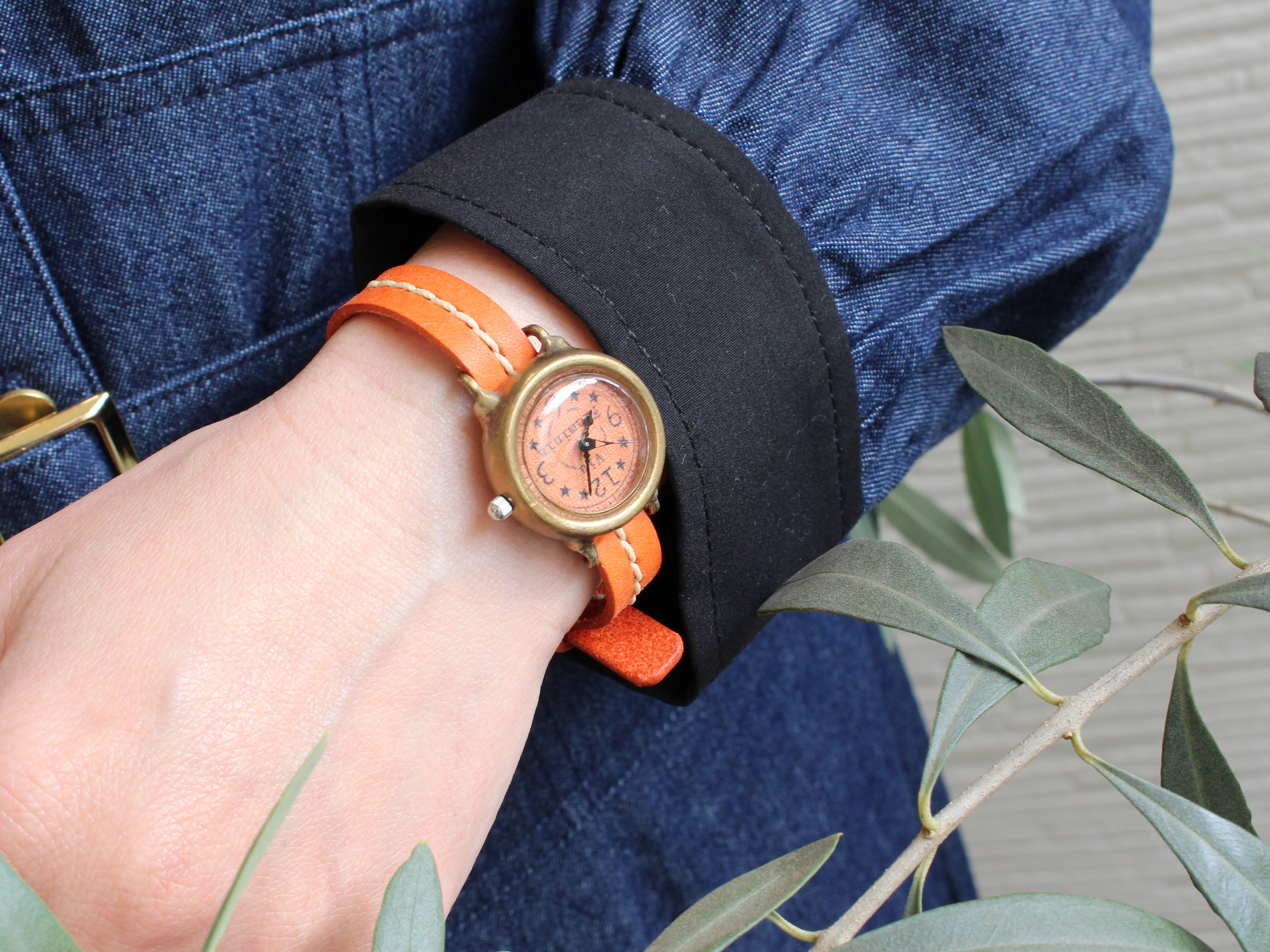 手作り腕時計　Via Flaminia(マンゴー色 & マンゴー色シングル通しベルト)