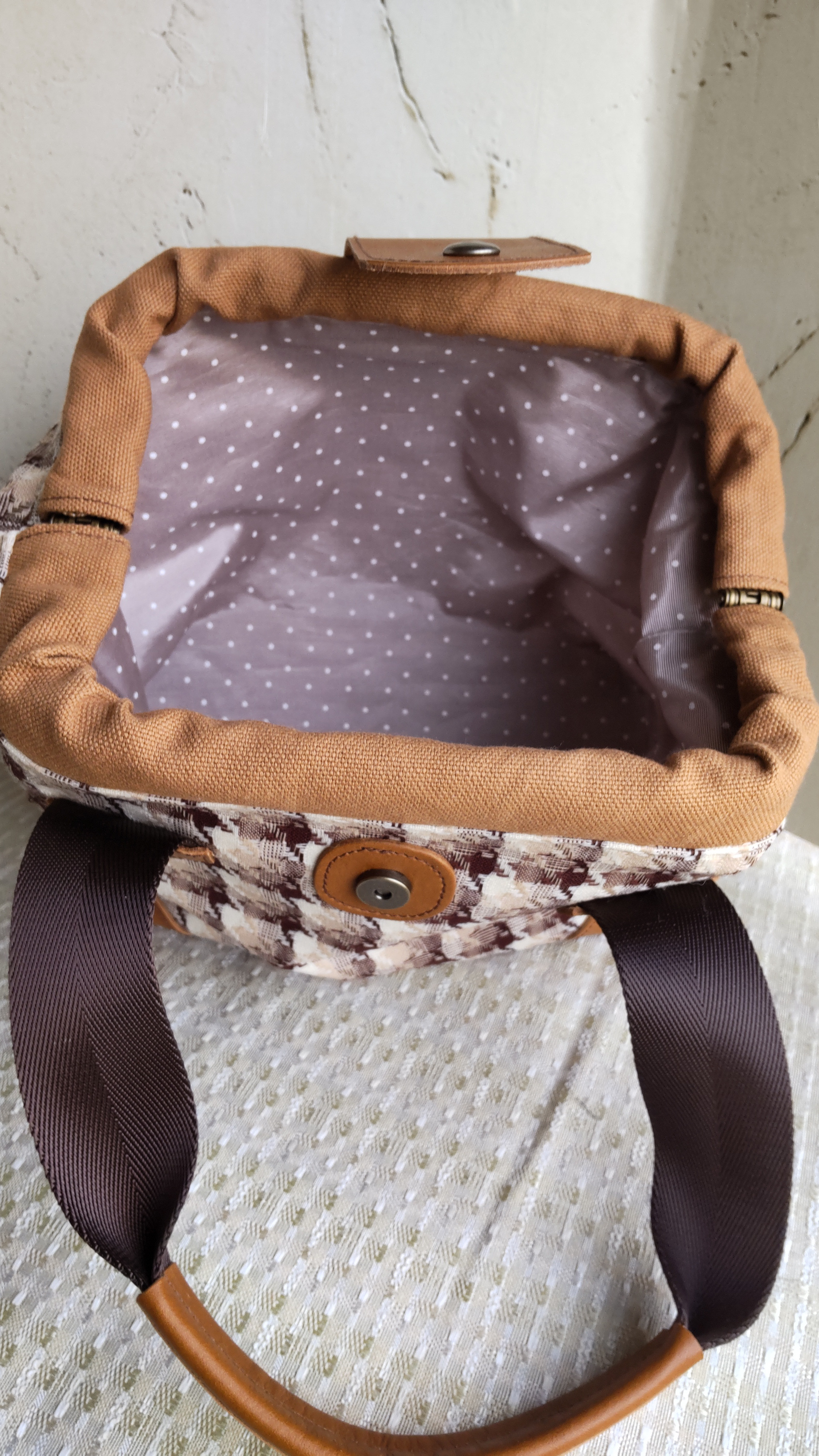 ミニトート（アルミ口金）茶色チェック