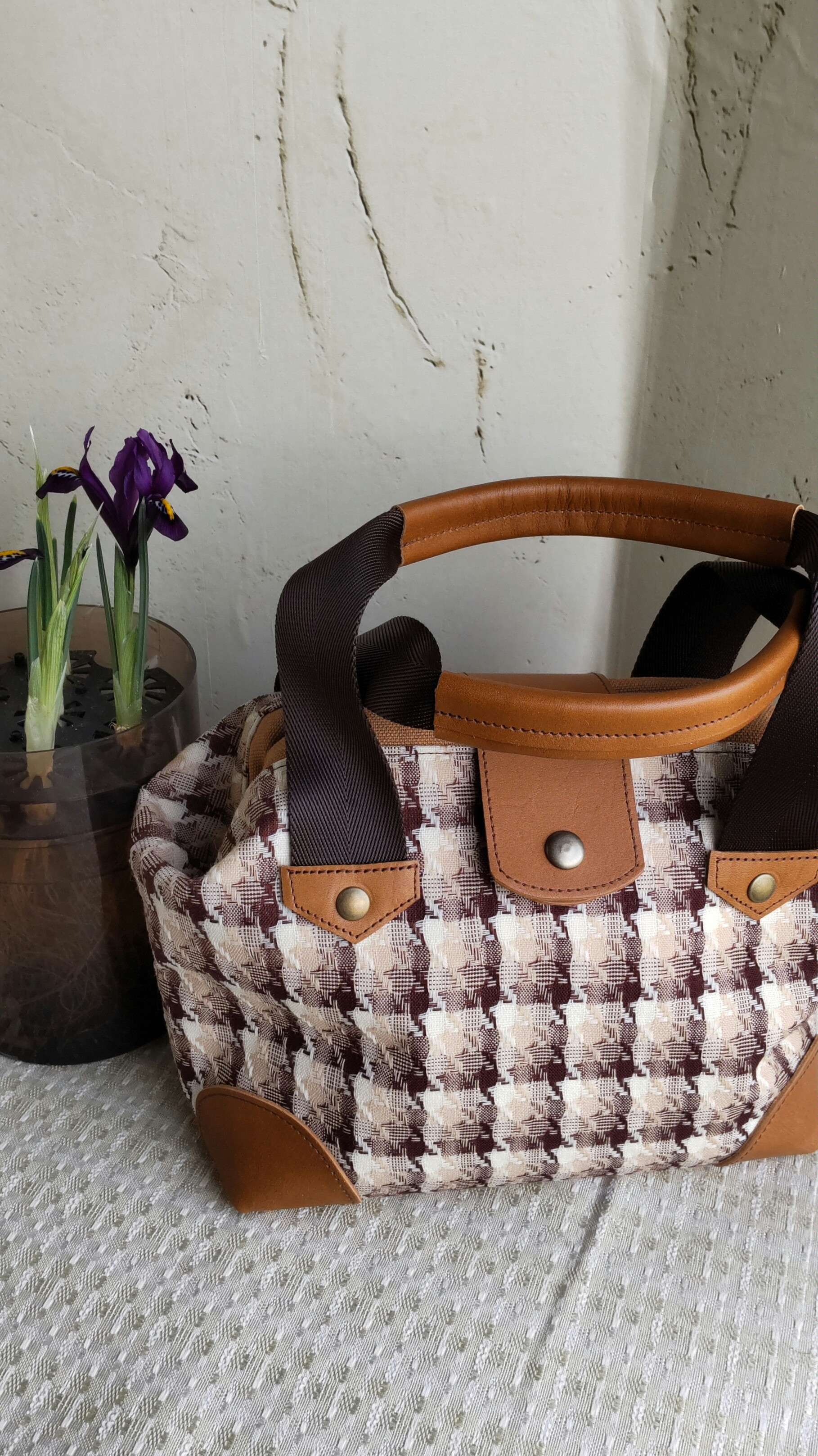 ミニトート（アルミ口金）茶色チェック