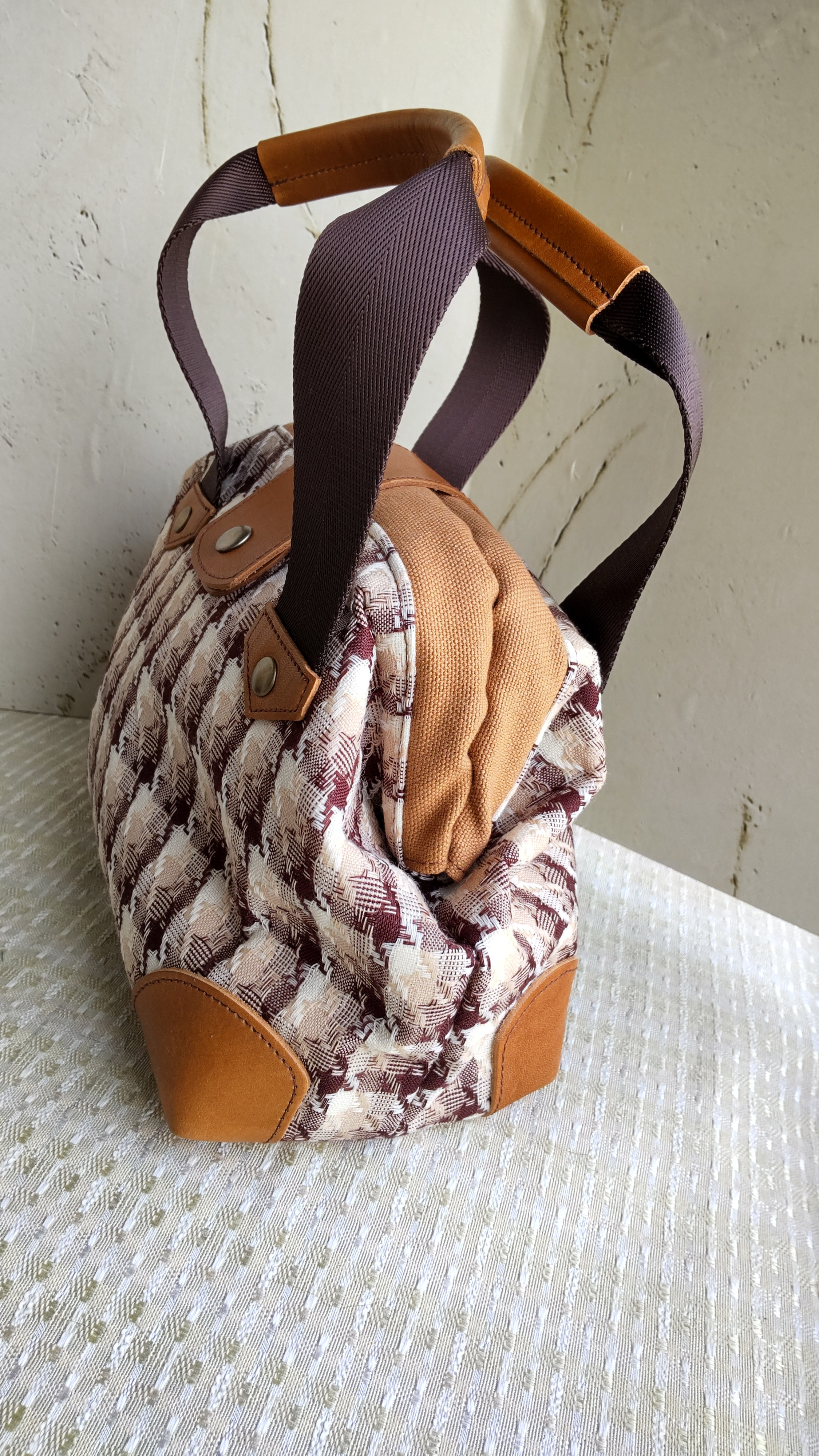 ミニトート（アルミ口金）茶色チェック