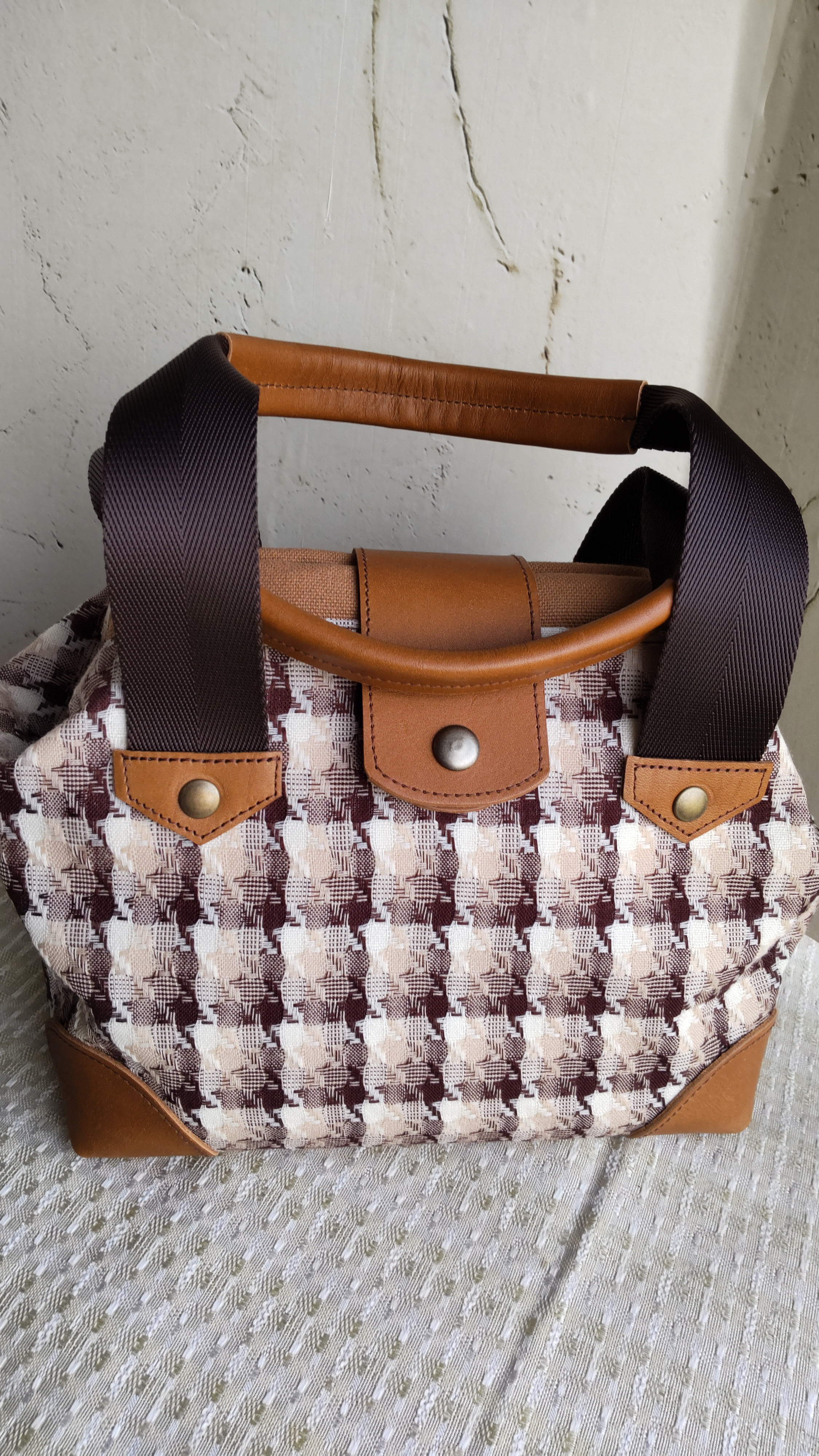 ミニトート（アルミ口金）茶色チェック