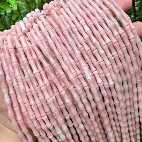 天然石彫 希少な ピンクオパール ペルー産 竹モチーフ12*5㎜6個セット