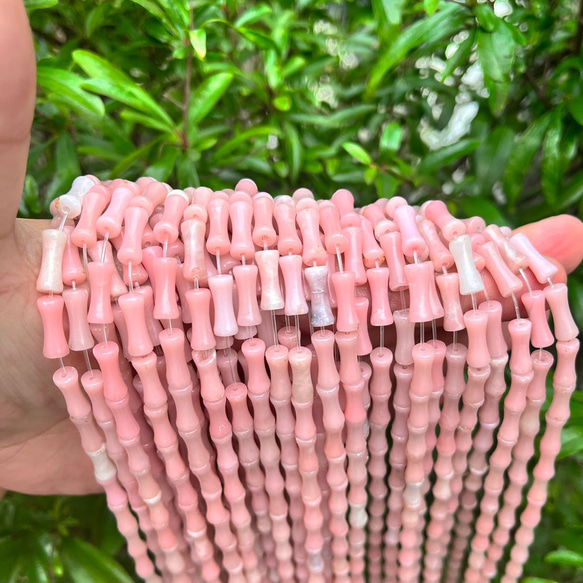 天然石彫 希少な ピンクオパール ペルー産 竹モチーフ12*5㎜ 貫通穴付 