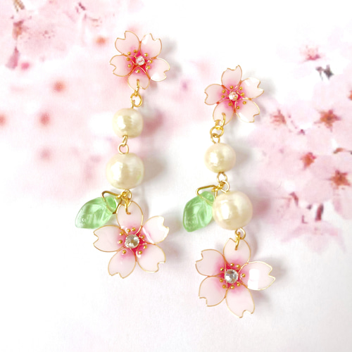 春 桜 揺れる ピンク コットンパール ロング 長め ピアス