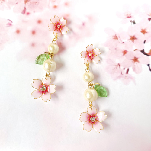 春 桜 揺れる ピンク コットンパール ロング 長め ピアス