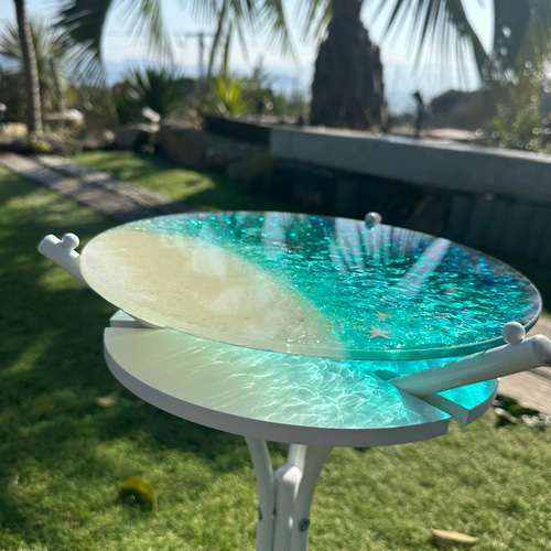 新色 夜光虫ターコイズブルーの海ホワイトビーチ イルカの親子 ガラス