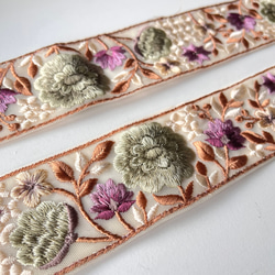 【50cm】インド刺繍リボン　ライトベージュxカーキ　チュール　GN593 4枚目の画像