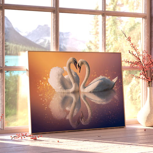 アートポスター 白鳥 ハート サンセット 湖面 反射 きらめき オレンジ