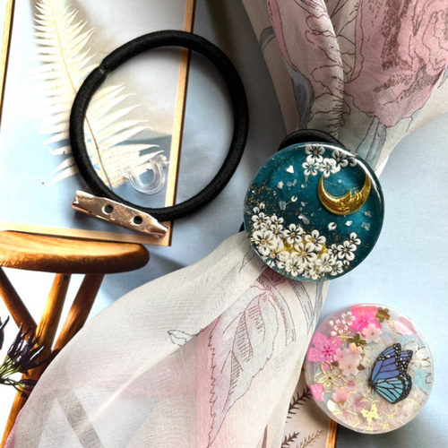 桜の季節 琉球グラス入り ヘアゴム／ポニーフック／ブローチ ヘアゴム  