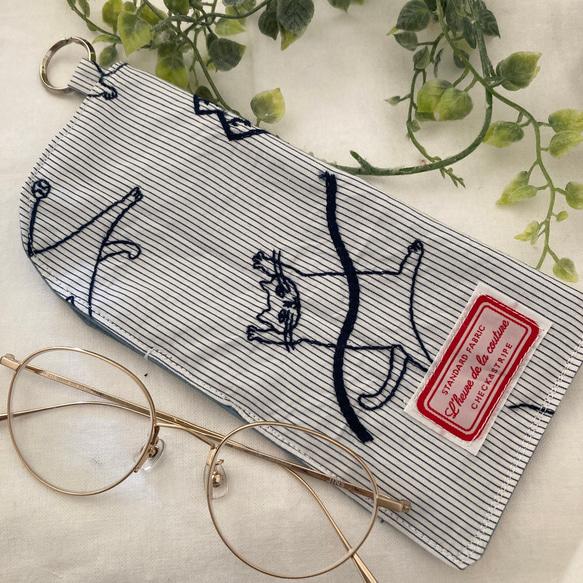 ☆チェック＆ストライプ猫刺繍メガネケース☆ハンドメイド⭐︎ メガネ 