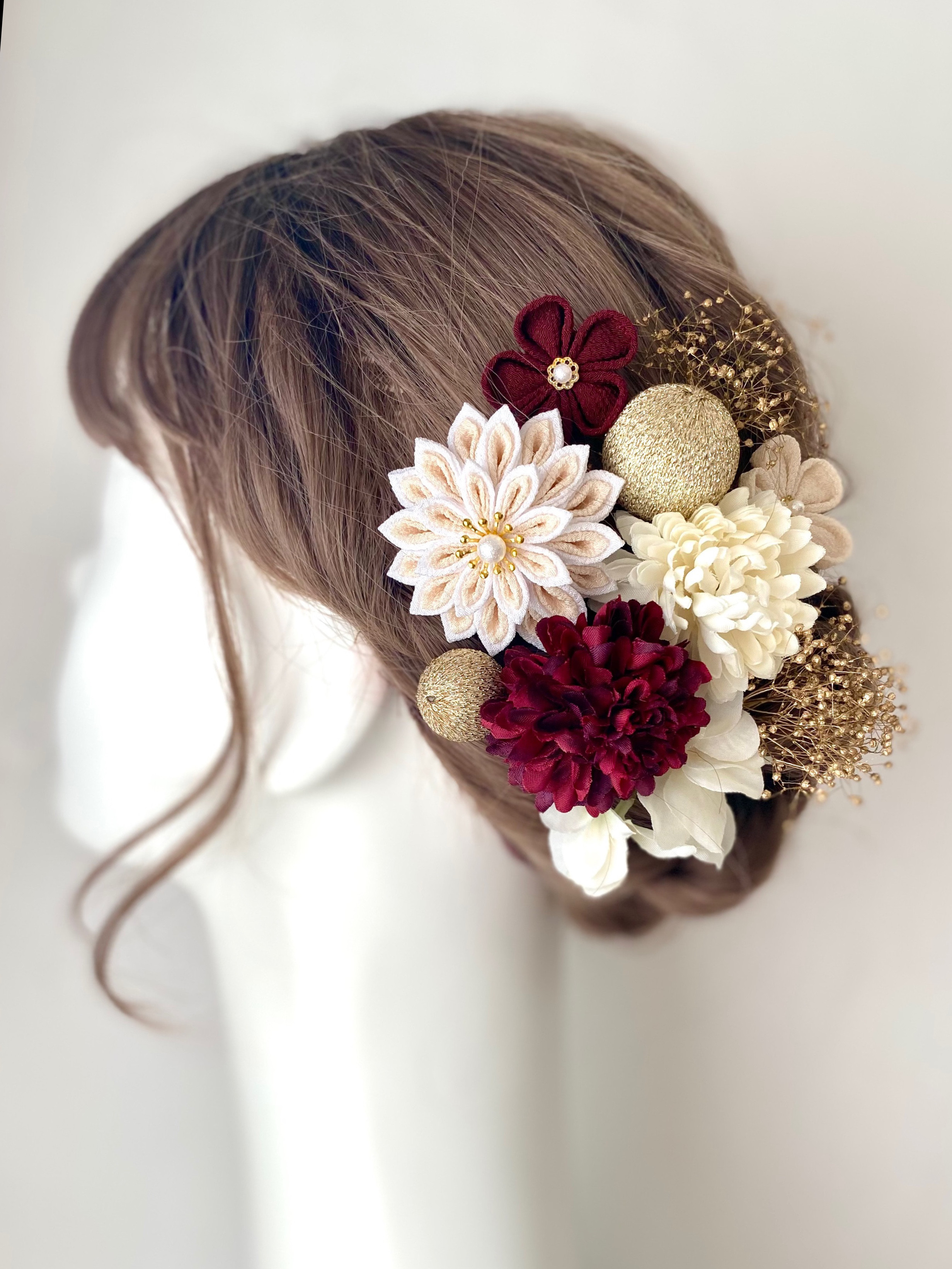 成人式　髪飾り　和装　アイボリー×ワインレッド　つまみ細工　マム　和玉　 卒業式　結婚式