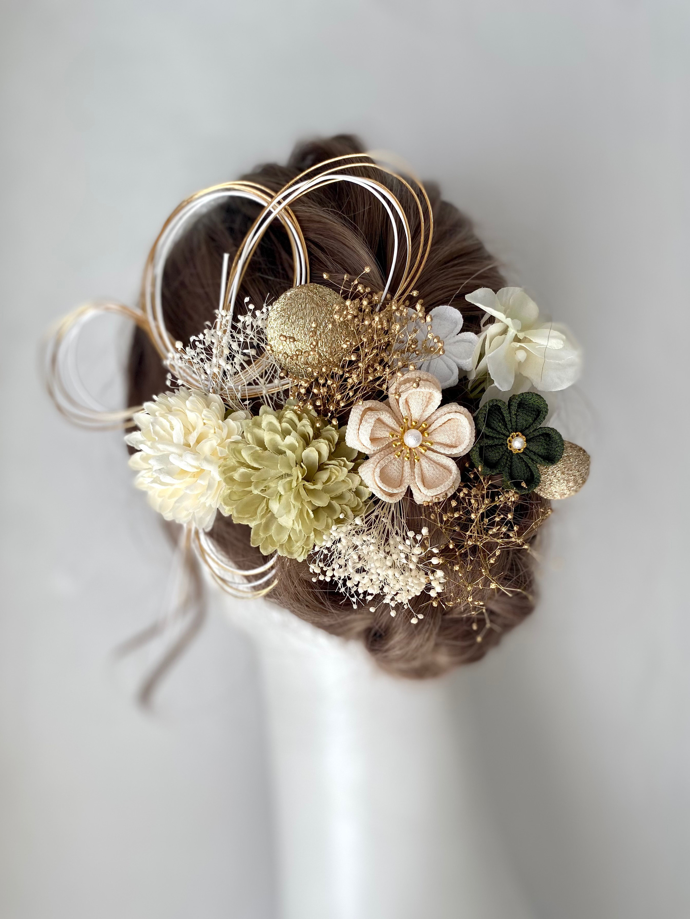 成人式　髪飾り　和装　アイボリー×グリーン　つまみ細工　水引　和玉　 卒業式　結婚式