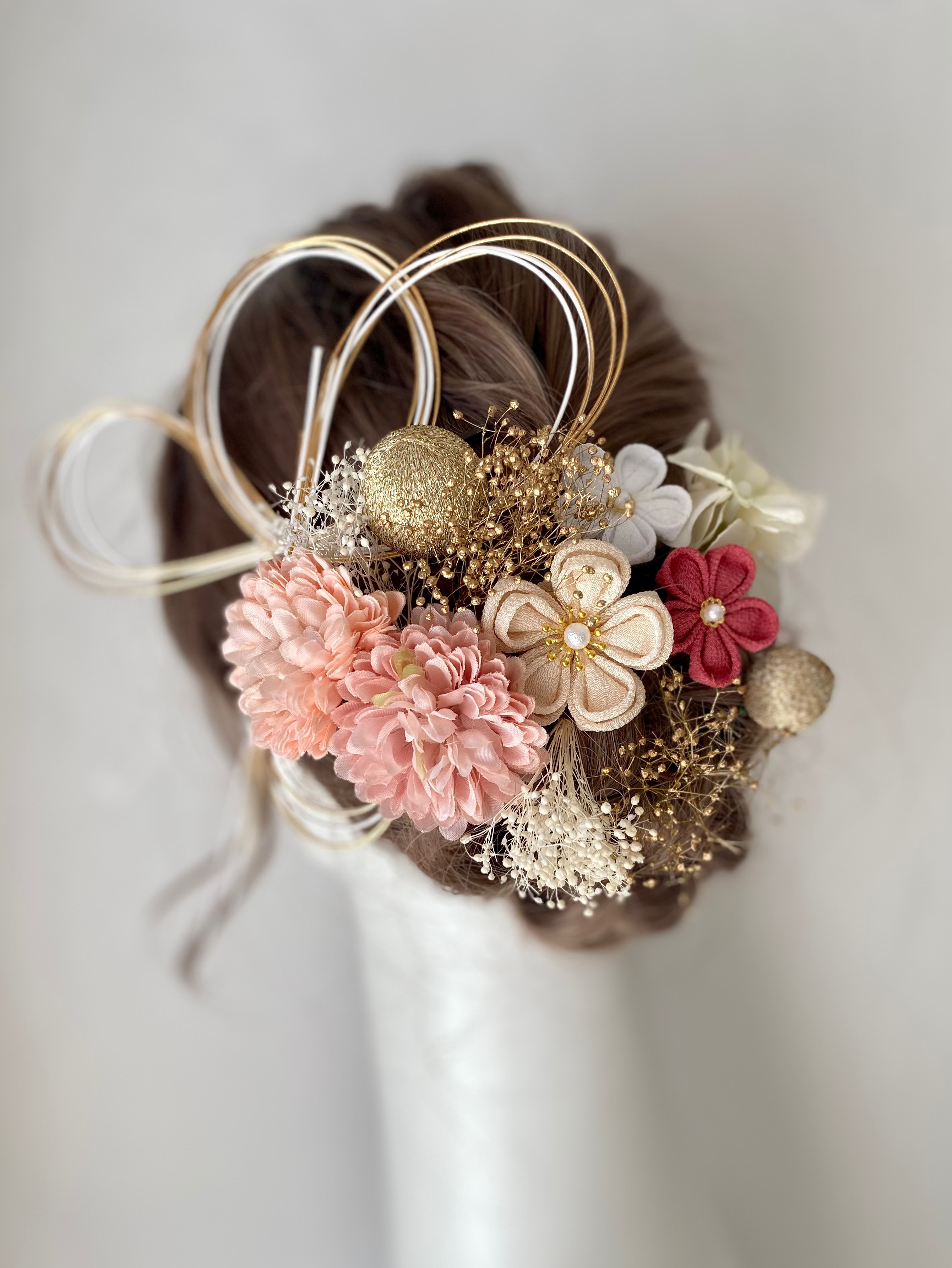 成人式　髪飾り　和装　アイボリー×ピンク　つまみ細工　水引　和玉　 卒業式　結婚式