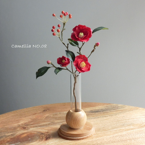 ✿【 粘土置物 】「春のお部屋にさりげなく」赤椿の花枝 NO.08 ／ 試験