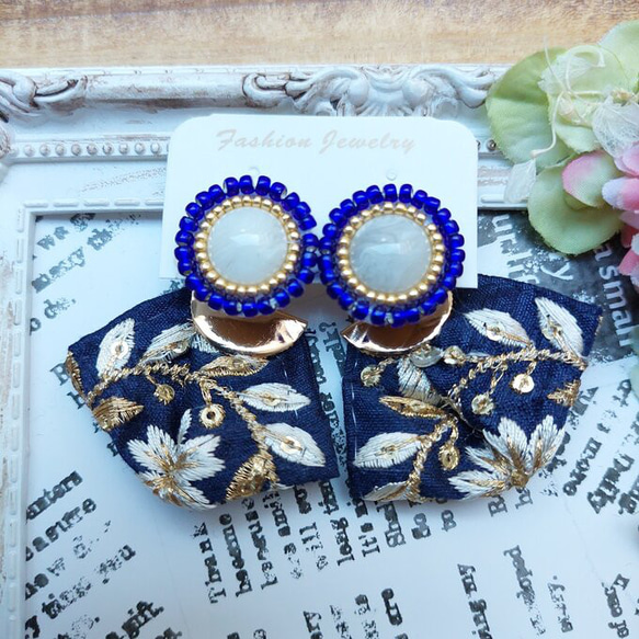 インド刺繍 ビーズ刺繍 2way ピアス/イヤリング フラワー リボン