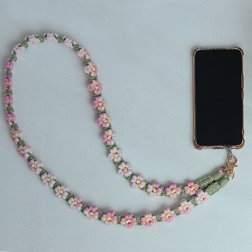 色のグラデーシ 菊の花手編みスマホショルダー☆手に持てる長い
