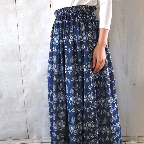 受注制作】播州織ガーゼのロングスカート うさぎと花 ロングスカート