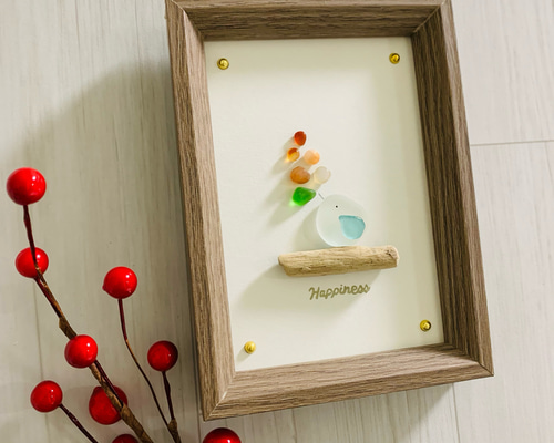 シーグラス アートパネル 天然石 小鳥のインテリア 飾り 観葉植物