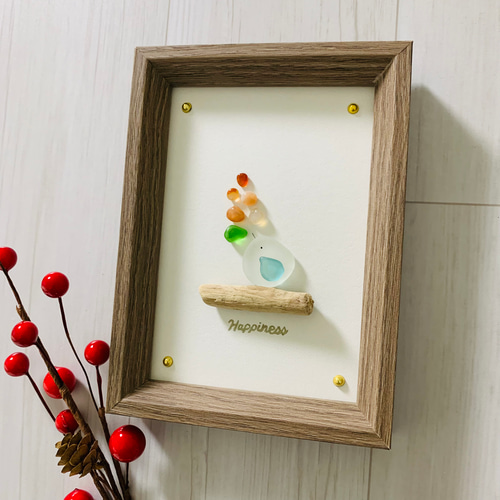 シーグラス アートパネル 天然石 小鳥のインテリア 飾り 観葉植物