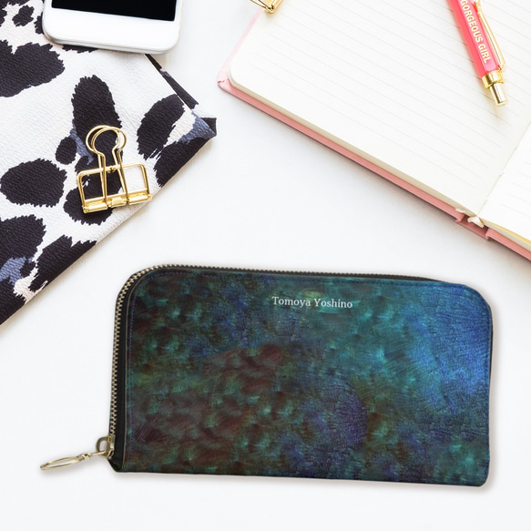 神秘的で宇宙のような深海が美しい孔雀の細胞模様 長財布ポーチ 本革 mm 本革 フルオープン