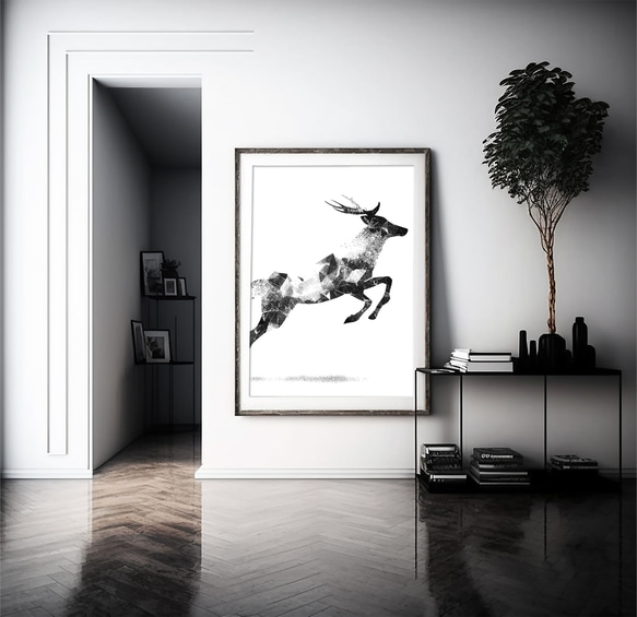 リビングルーム ポスター ヒヤクスルシカ（A4,A2,A1,A0）フレームなし 鹿 黒 モノトーン モノクロ 2枚目の画像
