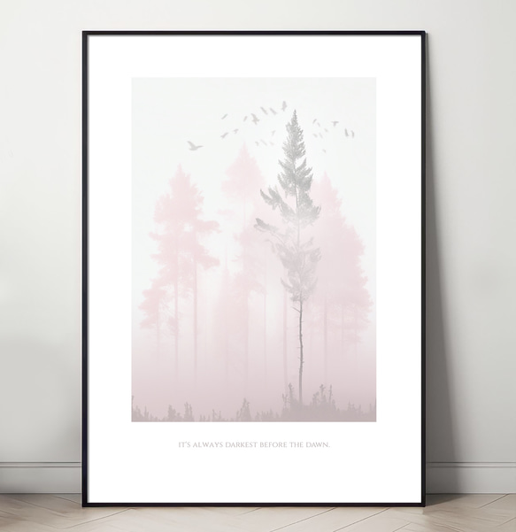 リビングルーム ポスター 朝霞の森（A4,A2,A1,A0 選べる4サイズ）フレームなし 森林 ベビーピンク 1枚目の画像