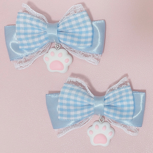 リボンヘアクリップ 水色 ギンガムチェック 肉球チャーム ♡量産