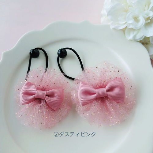 ハンドメイド☆ベビー＆キッズリボンヘアゴム☆紫☆ハート☆ふわふわ