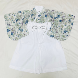 ベビー袴　ハンドメイド　ベビー着物　ブルー系花柄　白　60 70 80サイズ 2枚目の画像