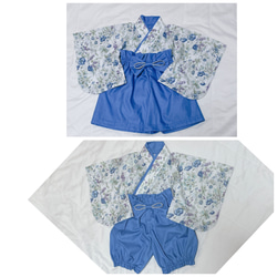 ベビー袴　ハンドメイド　ベビー着物　ブルー系花柄　白　60 70 80サイズ 7枚目の画像