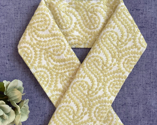 ふわふわ刺繍レースの半襟 刈安色 ライムイエロー／半衿 和装小物（帯