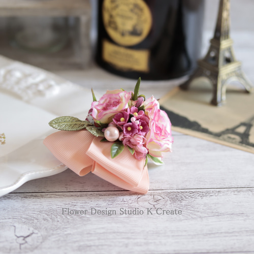 フレンチローズとピーチピンクのリボンヘアクリップ 髪飾り お出掛け  