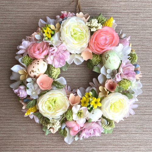 一点物【春リース】お花たっぷり パステルエッグのイースターリース
