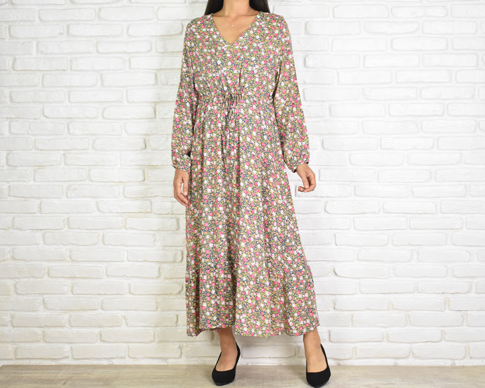 小花柄Vネック長袖ワンピース　ブルーピンク