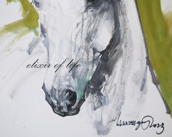 葦毛の馬のポートレート２０２３(とても暑い和紙32cm×２３ｃｍ、墨、アクリル) 3枚目の画像