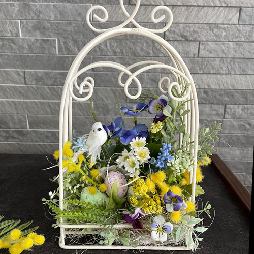 春の花 ・鳥かごアレンジメント/イースター ミモザ 黄色 インテリア