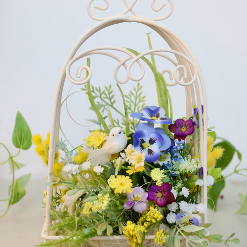 春の花 ・鳥かごアレンジメント/イースター ミモザ 黄色 インテリア