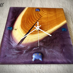 ウッド レジン 壁掛け時計 (パープル / 紫 / 猫 )　【1点もの】 5枚目の画像