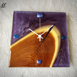 ウッド レジン 壁掛け時計 (パープル / 紫 / 猫 )　【1点もの】 1枚目の画像