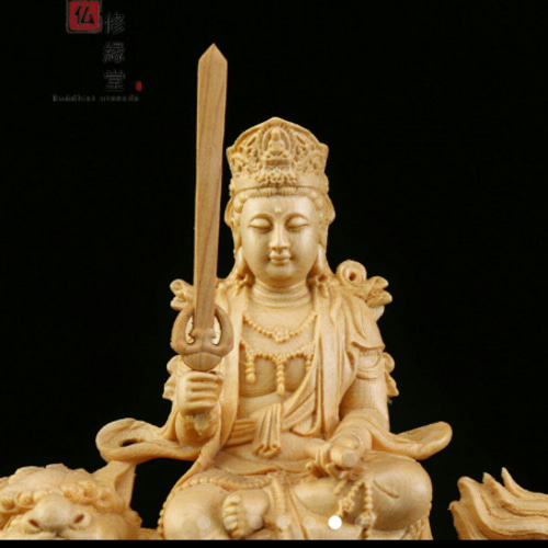 木彫り 仏像 文殊菩薩 普賢菩薩座像一式 彫刻 一刀彫 天然木檜材CQ