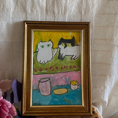 絵画 。壁掛け絵原画手描き【かわいい猫たちの楽しいワインパーティー】 絵画 。壁掛け絵原画手描き【かわいい猫たちの楽しいワイン