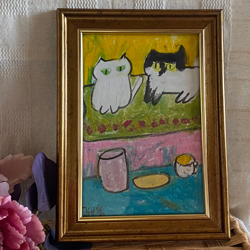 絵画 。壁掛け絵原画手描き【美しい月夜、猫たちとフクロウのデート】 絵画 。壁掛け絵原画手描き【美しい月夜、猫たちとフクロウの