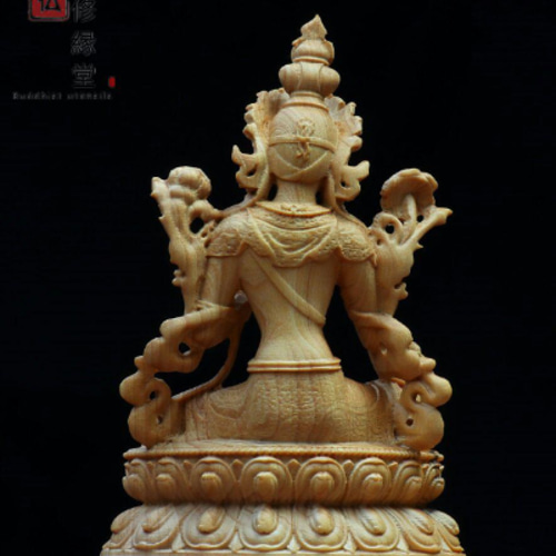 木彫り 仏像 緑度母 緑仏母座像 彫刻 仏教工芸品 柘植材 福徳 CR 彫刻